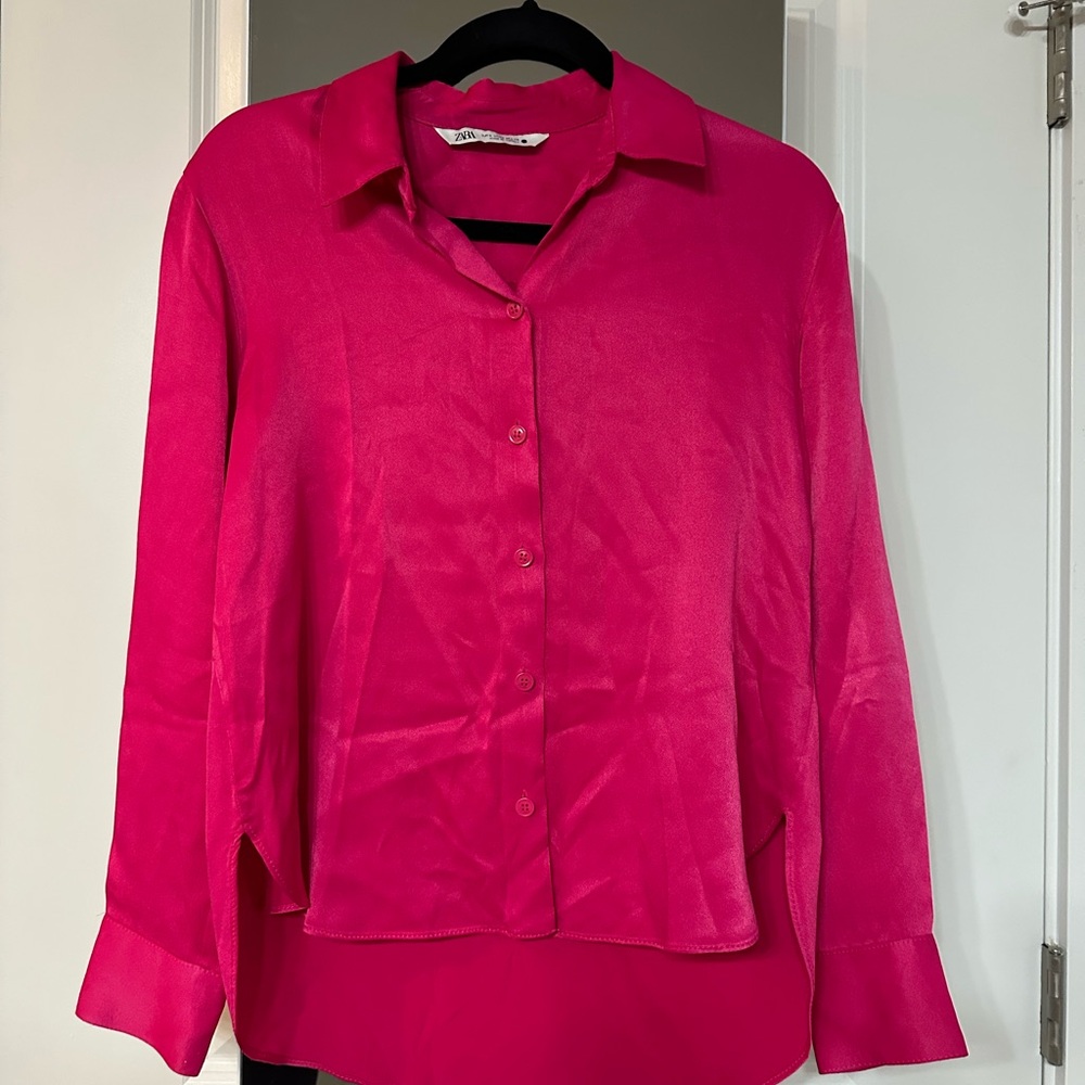 Zara Satin Women's Pink Button-Up Blouse